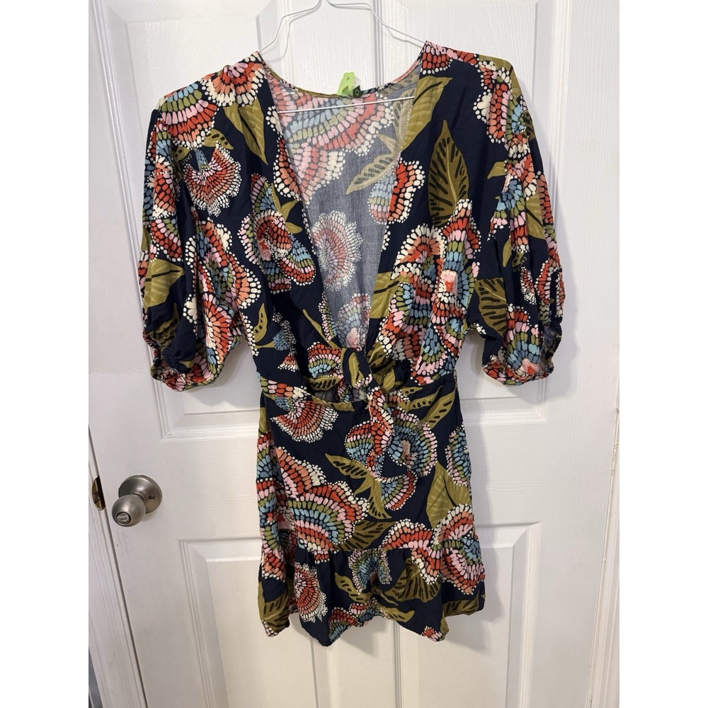 Farm Rio Womens Size P Small Floral Print Mini Dress Navy Puff Sleeve Tie Waist